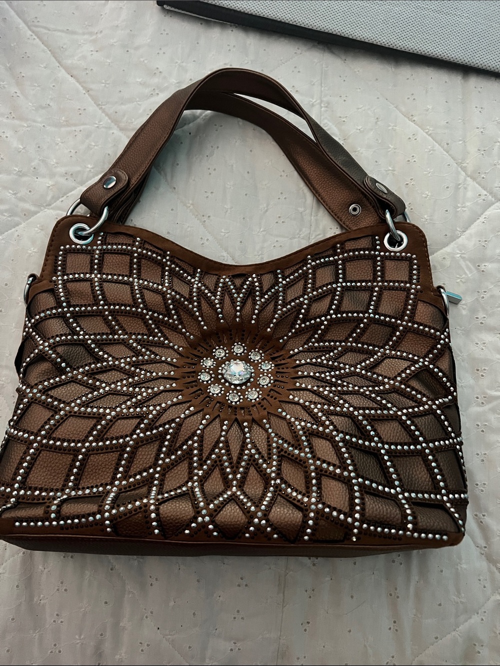 Embellished Floral Sunburst Shoulder Bag - Brown
